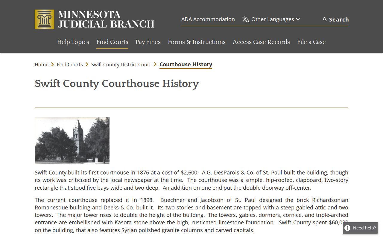Swift County court schedule and historic courthouse context