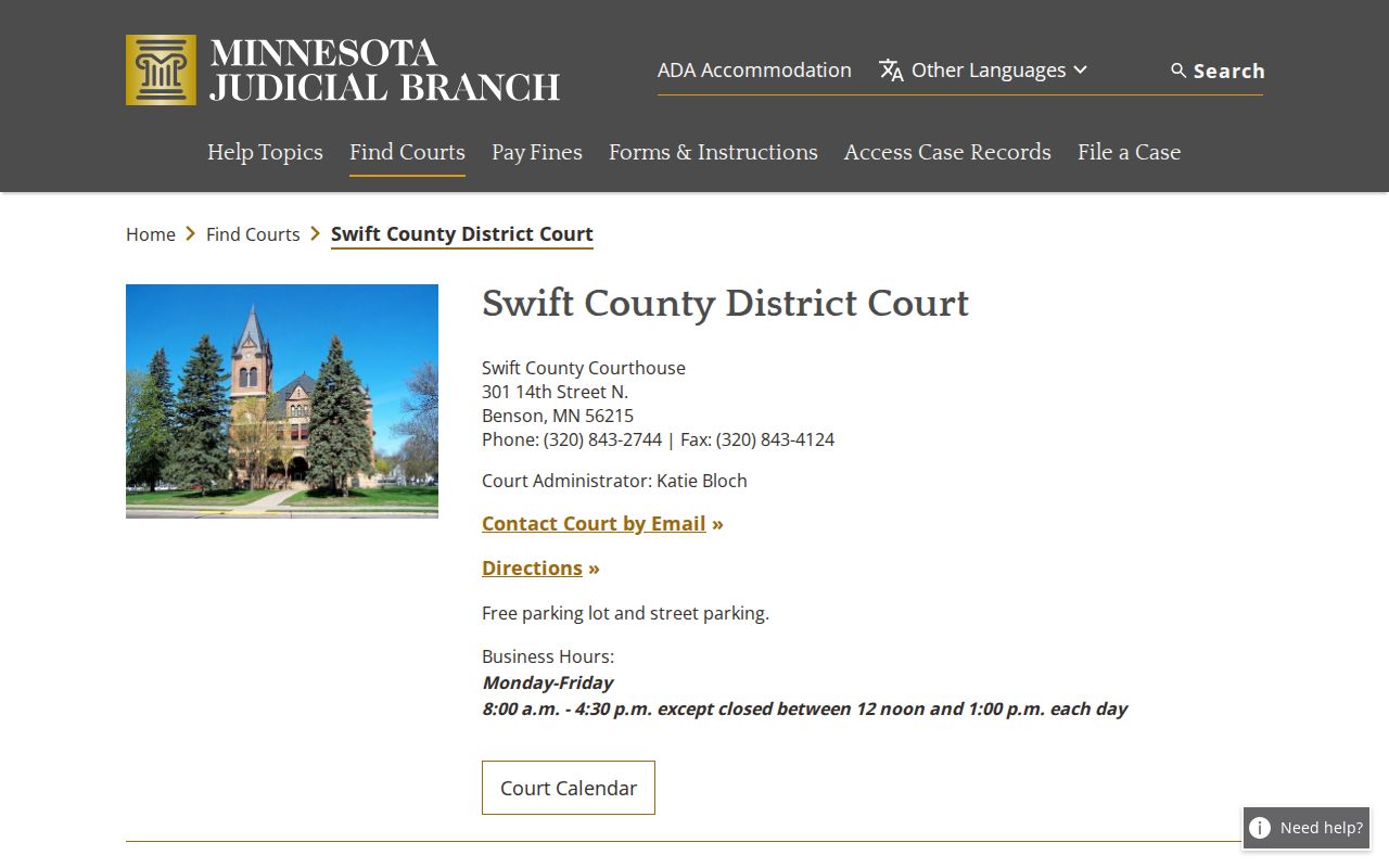 Swift County court docket courthouse contact and access information