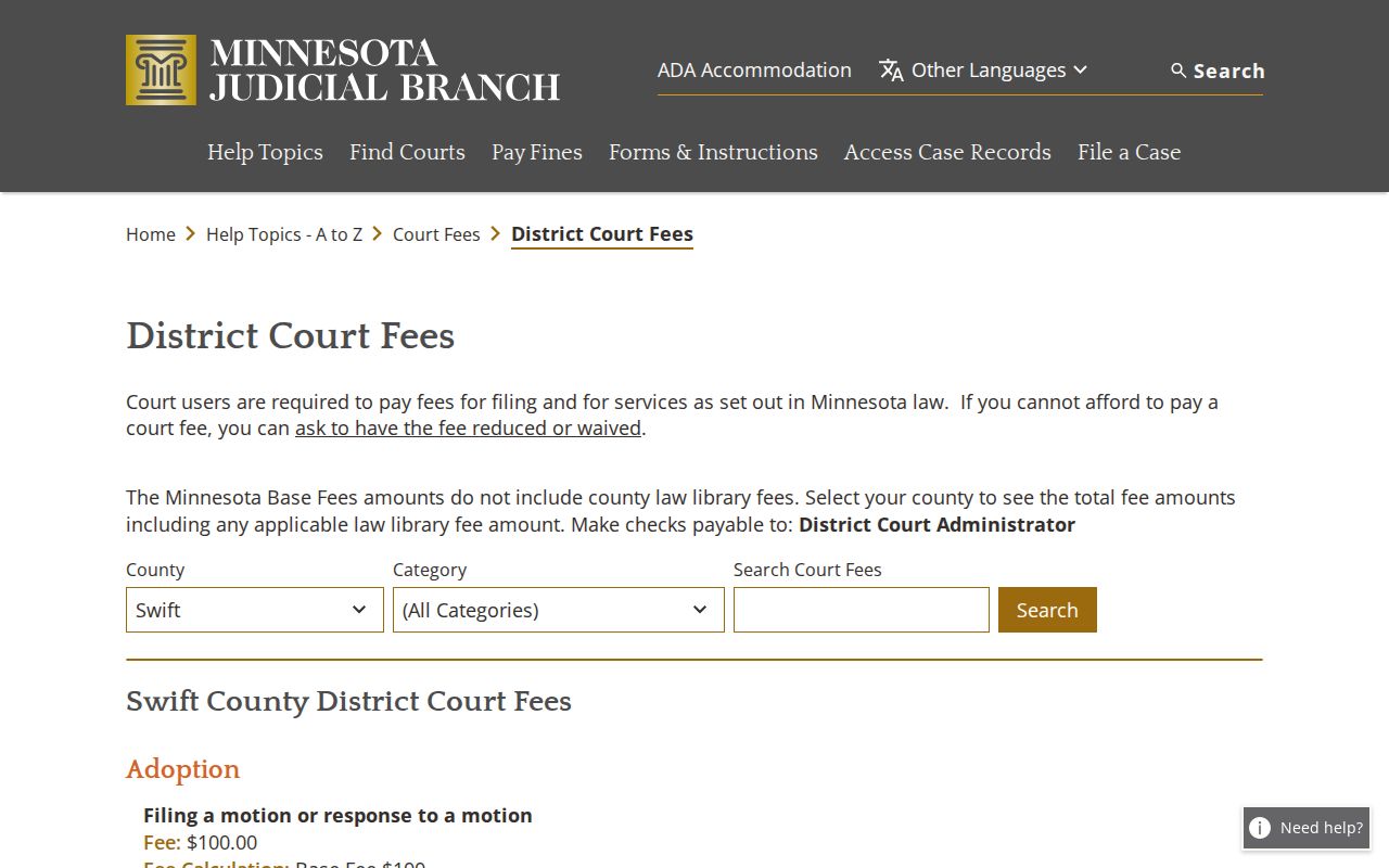 Swift County court record fee lookup controls and fee information