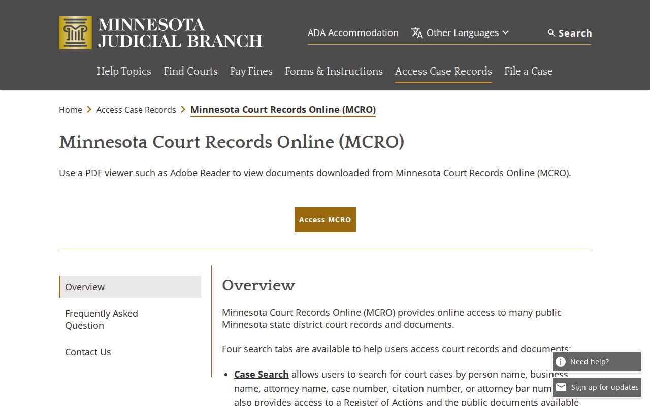 Swift County court docket access through the Minnesota Court Records Online overview