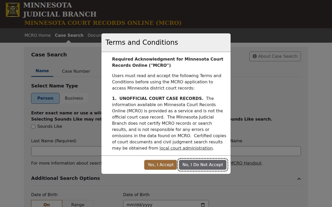 Swift County court docket Case Search tabs for case and citation lookups