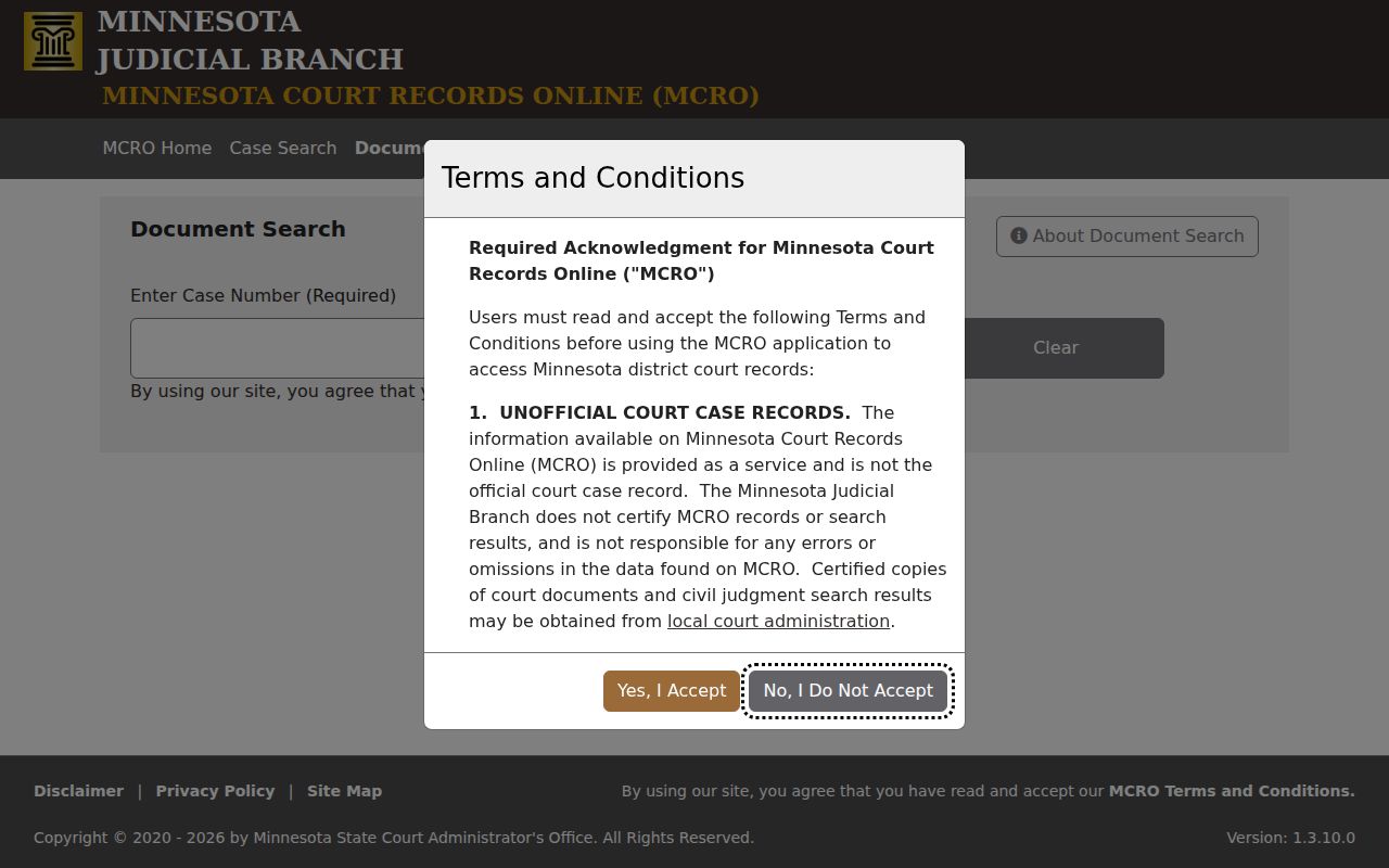 Swift County court docket document search requiring a complete case number