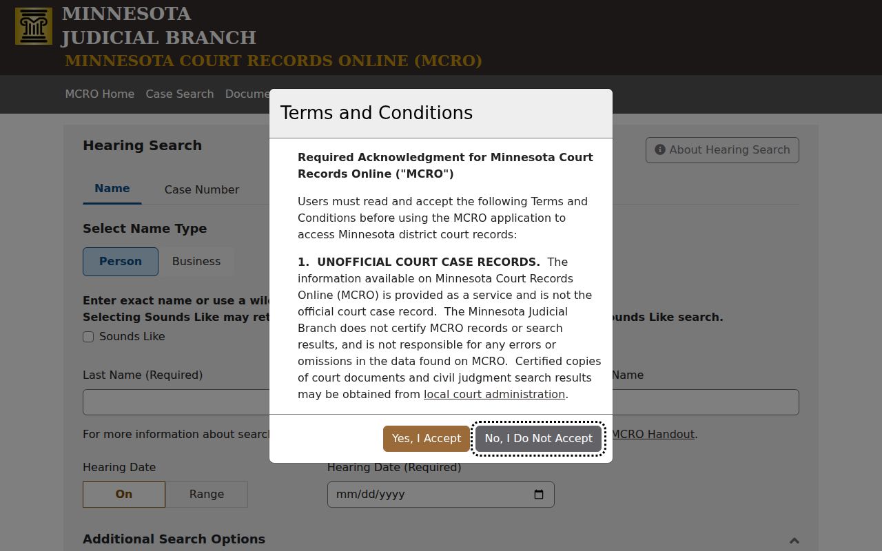 Swift County court docket hearing search fields and county location selector