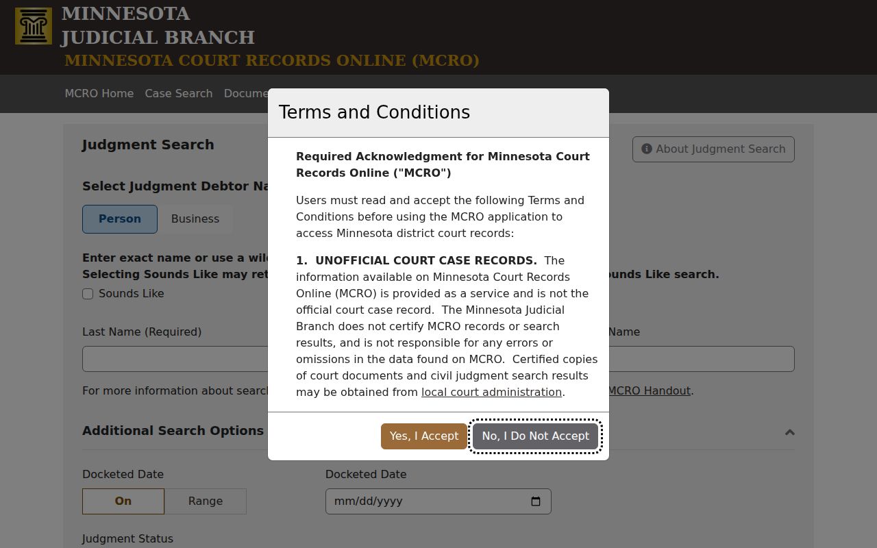Swift County court docket judgment search fields for public judgment records